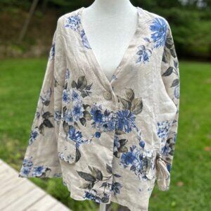 100% Pure Linen Blue Floral Women’s Blazer 3/4 Sleeve Made in Italy.